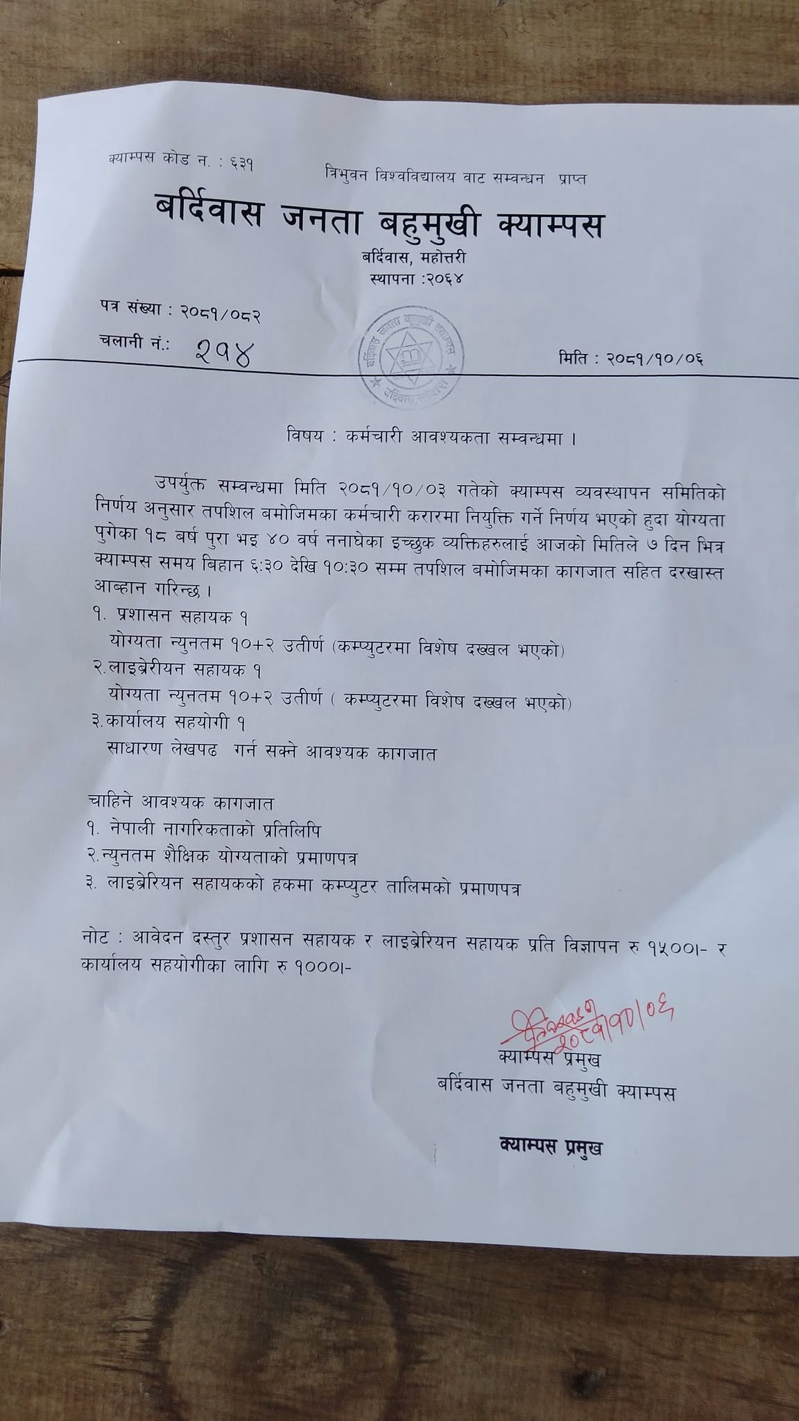 कर्मचारी आवश्यकता सम्बन्धमा !!!